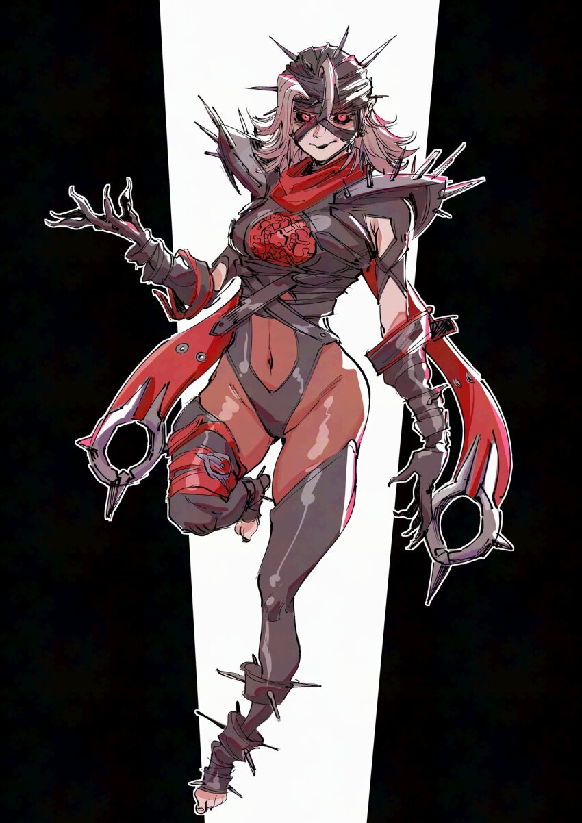 1girl armor bandaged_head bandages black_leotard black_sclera breasts colored_sclera earrings fantastic_four full_body gloves grey_hair highres jewelry leotard looking_at_viewer malice_(sue_storm) marvel marvel_rivals red_eyes red_scarf scarf shoulder_spikes smile solo spiked_armor spiked_helmet spikes sue_storm superebiseeeen thong_leotard