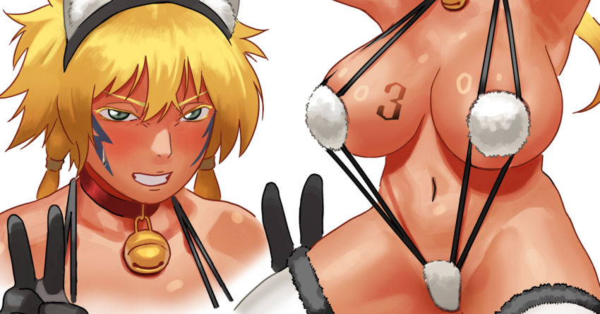 1girl animal_ears bell black_gloves bleach blonde_hair breast_tattoo breasts cat_ears collar colored_eyelashes dark-skinned_female dark_skin double_v facial_mark fake_animal_ears female_focus fur-trimmed_thighhighs fur_trim gloves grimace hair_between_eyes hairband huge_breasts jingle_bell narisokonai_(mmmikedaya) navel neck_bell number_tattoo slingshot_swimsuit solo swimsuit tagme tattoo thick_thighs thighhighs thighs tier_harribel underboob v white_thighhighs