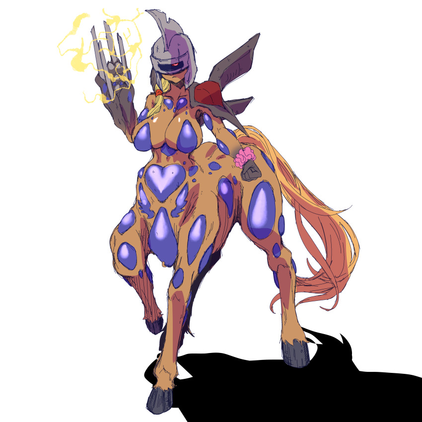 1girl absurdres arm_cannon blonde_hair breasts centalmon centaur clenched_hand closed_mouth collarbone commentary_request digimon digimon_(creature) electricity full_body genderswap genderswap_(mtf) gerusyu hair_over_shoulder hand_up helmet highres hooves horse_tail large_breasts long_hair looking_at_viewer low-tied_long_hair monster_girl multiple_legs pink_scrunchie red_eyes scrunchie shadow simple_background single_shoulder_pad solo standing standing_on_three_legs tail taur weapon white_background wrist_scrunchie