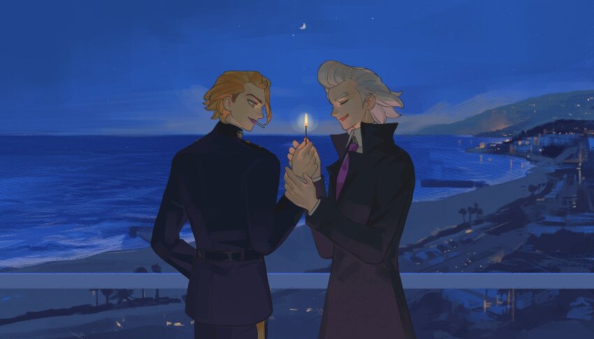 2boys almifiiiii beach black_coat blonde_hair candle closed_eyes coat commentary dr._stone fire grey_hair hair_slicked_back highres holding holding_another&#039;s_wrist jacket lighter long_sleeves looking_at_another male_focus moon multiple_boys necktie night night_sky ocean orange_hair outdoors pompadour purple_necktie shirt shore short_hair sky smile stanley_snyder_(dr.stone) symbol-only_commentary white_hair white_shirt xeno_(dr.stone)