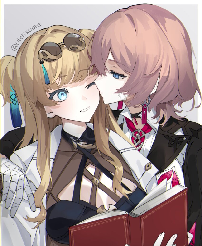 2girls arm_around_shoulder bandage_on_face bandaged_hand bandages black_jacket blonde_hair blue_eyes book brown_hair commentary_request earrings eyewear_on_head hair_ornament highres holding holding_book honkai_(series) honkai_impact_3rd jacket jewelry kiss kissing_cheek lantern_(honkai_impact) long_hair multiple_girls necktie one_eye_closed shirt smile songque songque_(astralop) sunglasses tassel tassel_hair_ornament two_side_up utekikuore white_shirt yuri