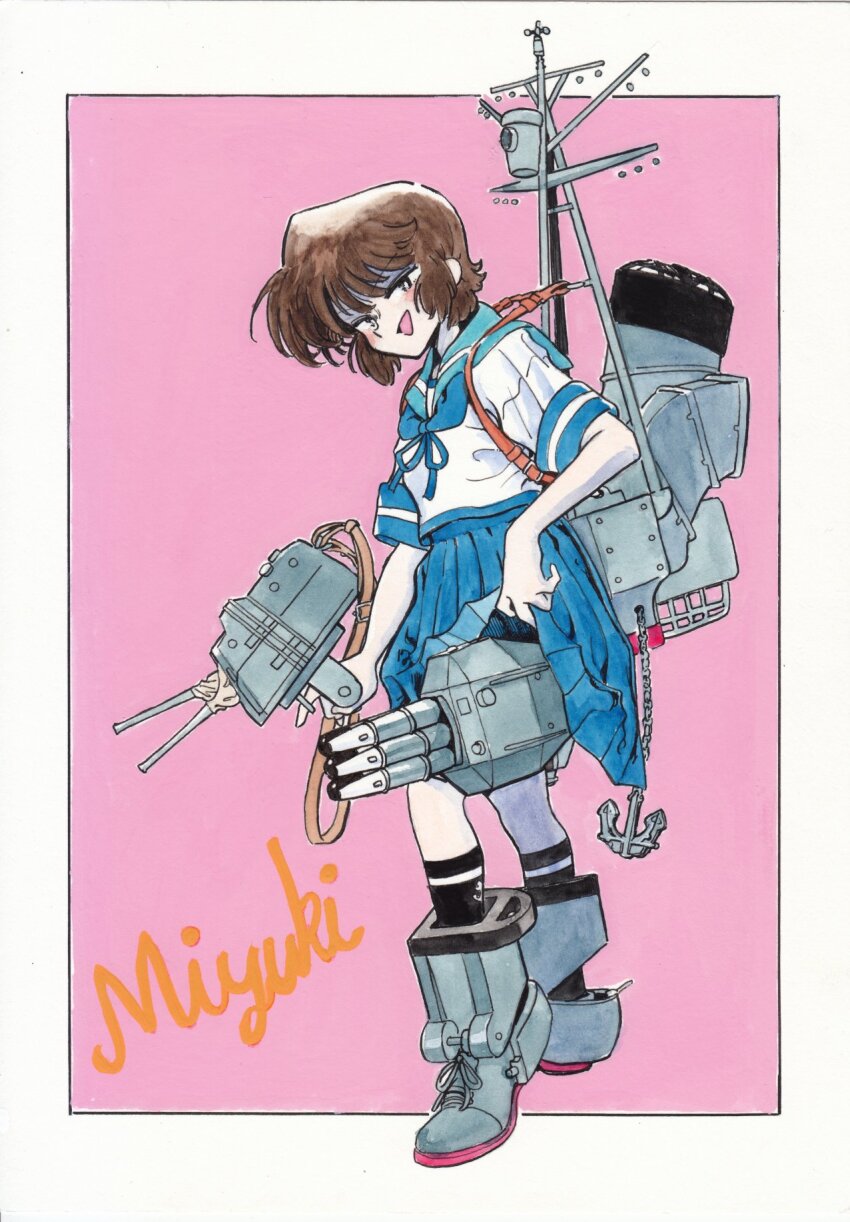 1girl anchor black_socks blue_neckerchief blue_sailor_collar brown_hair character_name clothes_lift commentary full_body highres holding itohan kantai_collection kneehighs lifting_own_clothes looking_at_viewer miyuki_(kancolle) neckerchief open_mouth pleated_skirt retro_artstyle rigging sailor_collar school_uniform serafuku short_hair short_sleeves skirt skirt_lift socks solo