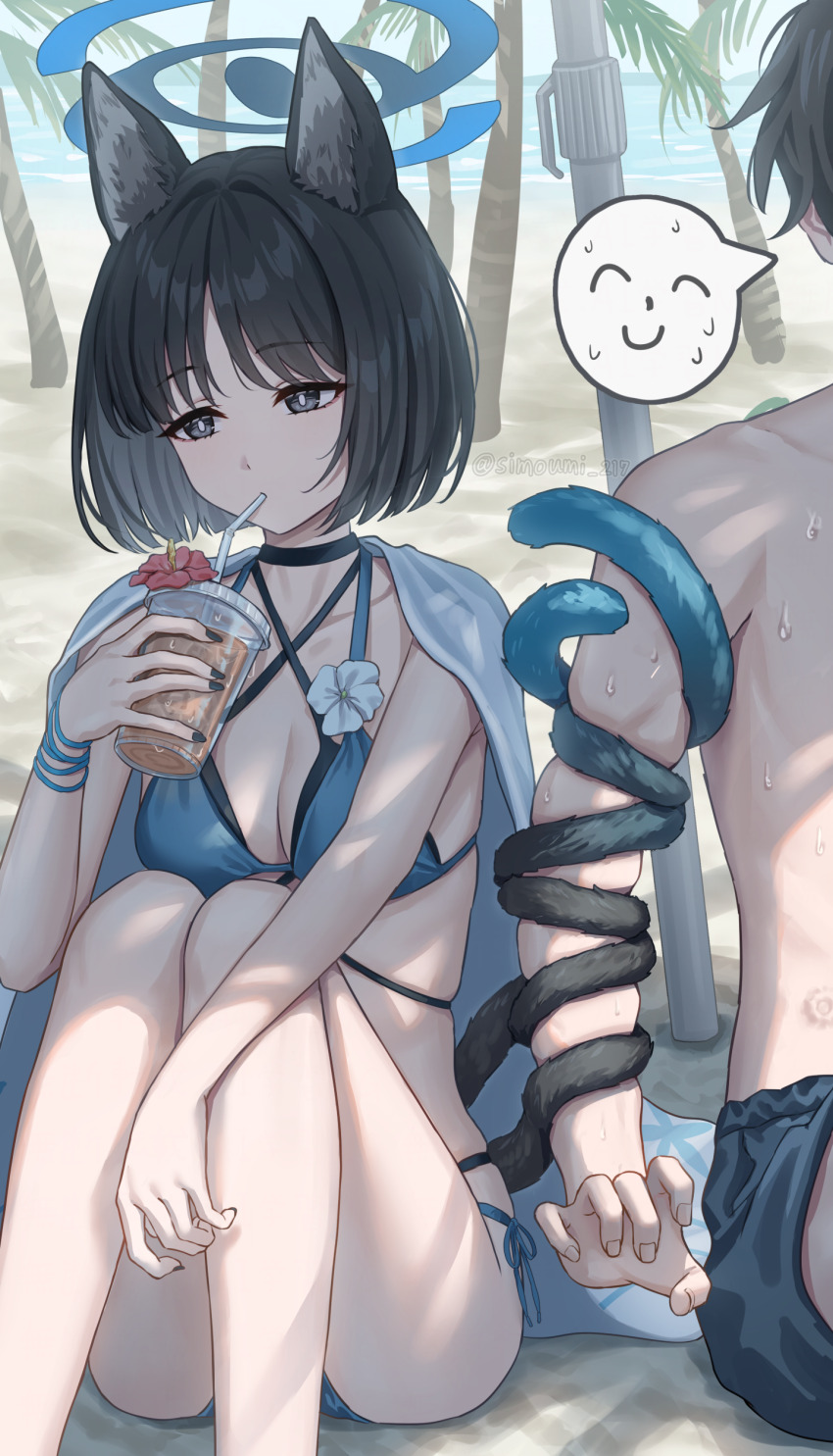 1boy 1girl absurdres animal_ears bakeneko beach bikini black_eyes black_hair black_tail blue_archive blue_bikini blue_halo blue_tail breasts cat_ears cat_girl cat_tail criss-cross_straps cup day disposable_cup doodle_sensei_(blue_archive) drinking_straw drinking_straw_in_mouth gradient_tail halo highres holding holding_cup kikyou_(blue_archive) kikyou_(swimsuit)_(blue_archive) layered_bikini medium_breasts multi-strapped_bikini_bottom multiple_tails ocean official_alternate_costume outdoors palm_tree prehensile_tail sensei_(blue_archive) short_hair side-tie_bikini_bottom simoumi_217 sitting solo_focus sweat swimsuit tail tail_around_arm tail_wrap tree two_tails