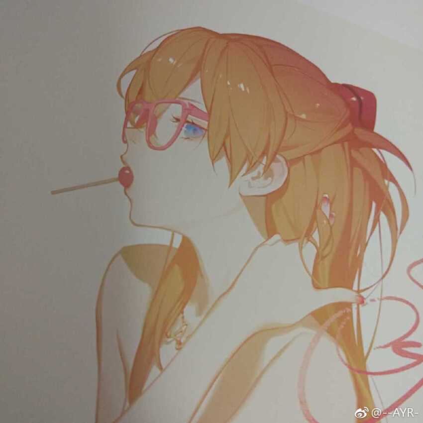 1girl ask_(askzy) blonde_hair blue_eyes candy food jewelry lollipop long_hair nail_polish necklace neon_genesis_evangelion souryuu_asuka_langley sunglasses white_background