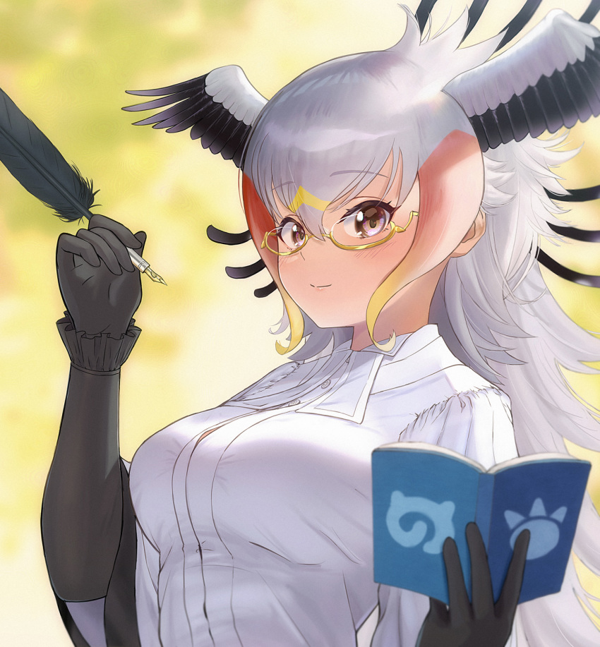 1girl bird_girl bird_wings black_gloves black_hair blonde_hair blush book brown_eyes collared_shirt commentary_request elbow_gloves glasses gloves head_wings highres isho_k10000 japari_symbol kemono_friends kemono_friends_3 long_hair long_sleeves looking_at_viewer multicolored_hair quill red_hair secretarybird_(kemono_friends) semi-rimless_eyewear shirt sidelocks solo upper_body white_hair white_neckwear white_shirt wings