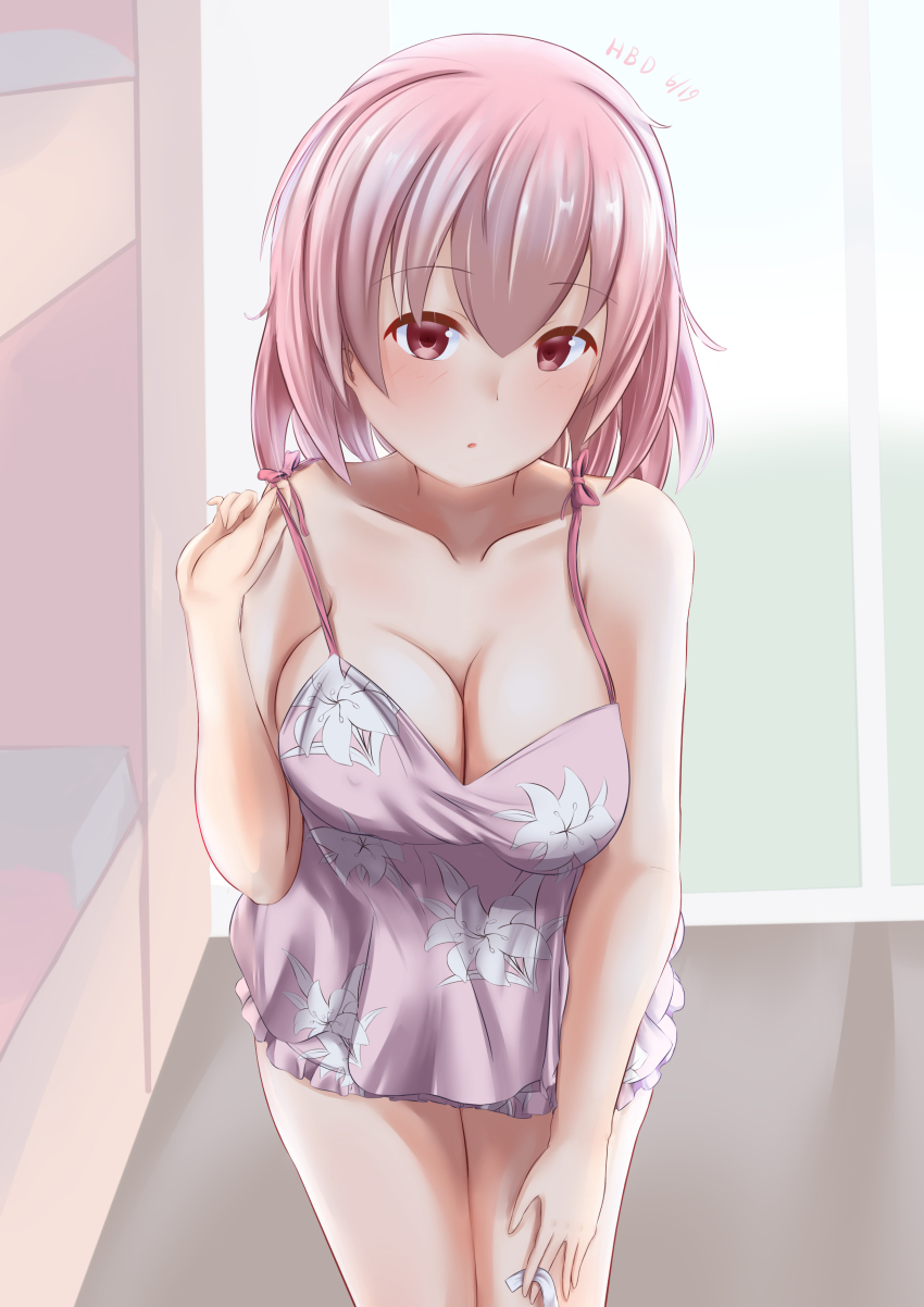 01021235 1girl absurdres assault_lily bare_arms bare_shoulders bed blush breasts bunk_bed cleavage collarbone commentary_request cowboy_shot day dress floral_print frilled_dress frills hair_between_eyes hair_down hand_on_own_thigh hand_up happy_birthday highres hitotsuyanagi_riri indoors leaning_forward looking_at_viewer medium_breasts medium_hair official_alternate_costume parted_lips pink_dress pink_eyes pink_hair print_dress sleeveless sleeveless_dress solo spaghetti_strap standing strap_lift window