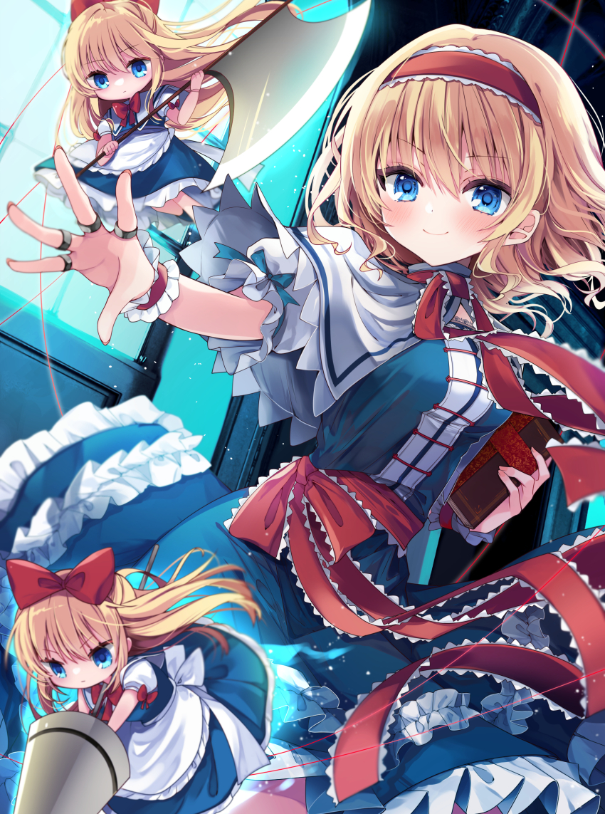 1girl alice_margatroid apron axe blonde_hair blue_dress blue_eyes blush book bow capelet closed_mouth dress frills grimoire_of_alice hairband highres holding holding_axe holding_book jewelry kasane_(cynthia) lolita_hairband looking_at_viewer puffy_short_sleeves puffy_sleeves puppet_strings red_hairband ring shanghai_doll short_hair short_sleeves smile touhou waist_apron weapon white_capelet wrist_cuffs