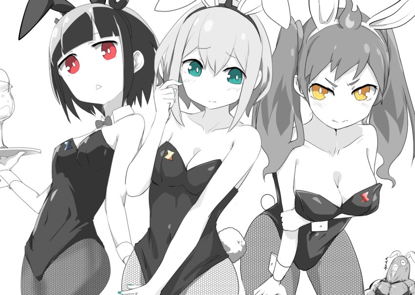 3girls aimusu amano_pikamee animal_ears annoyed bird black_hairband bow bowtie breasts cleavage detached_collar embarrassed fake_animal_ears fire fishnets fire gyari_(bird) hair_behind_ear hairband head_tilt highres hikasa_tomoshika holding holding_tray jitomi_monoe laughing leaning_forward leotard looking_at_viewer looking_down looking_to_the_side medium_breasts monochrome multiple_girls pantyhose playboy_bunny rabbit_ears rabbit_tail small_breasts spot_color tail tray virtual_youtuber voms wrist_cuffs