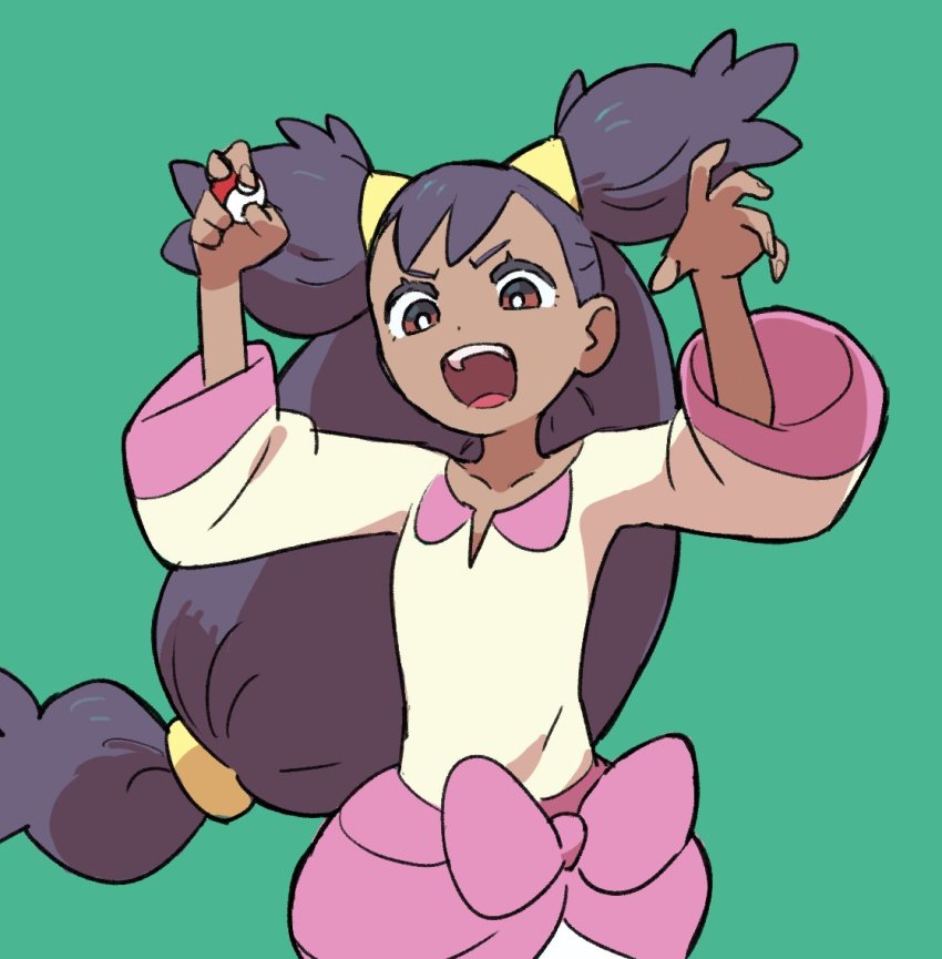 1girl arms_up bow bright_pupils brown_eyes collarbone commentary_request eyelashes floating_hair green_background hair_tie holding holding_poke_ball iris_(pokemon) long_hair low-tied_long_hair nintendo oomura_yuusuke open_mouth poke_ball poke_ball_(basic) pokemon pokemon_bw purple_hair simple_background solo teeth tongue two_side_up upper_teeth_only white_pupils