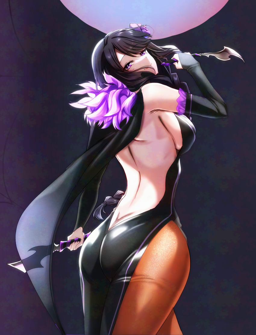 1girl absurdres ass backless_dress backless_outfit black_dress black_hair braid braided_ponytail breasts bridal_gauntlets cape dagger detached_sleeves dress dual_wielding elsa_granhilte frilled_sleeves frills fur_trim highres holding knife large_breasts long_hair looking_at_viewer pantyhose purple_eyes re:zero_kara_hajimeru_isekai_seikatsu revealing_clothes sideboob solo weapon