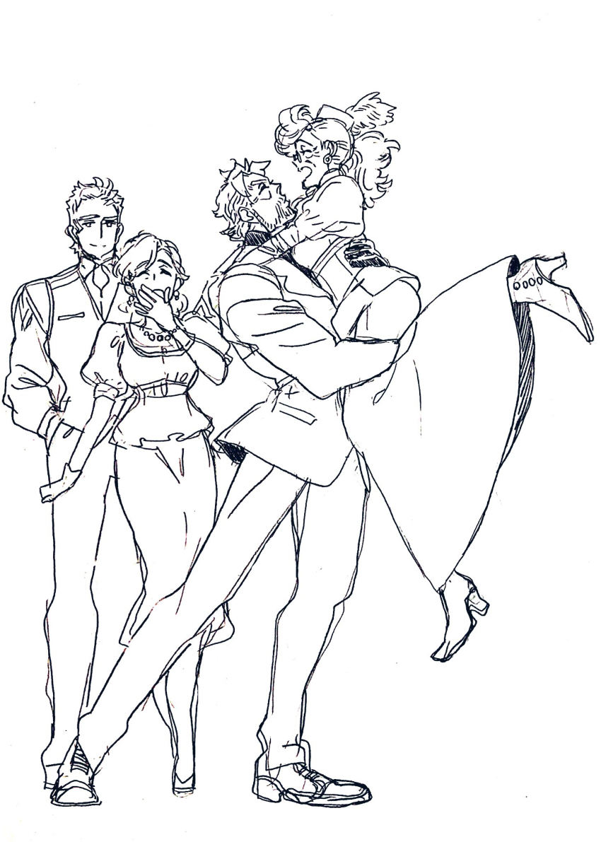 2boys 2girls carrying closed_eyes dress facial_hair family father_and_daughter full_body grandfather_and_grandson grandmother_and_grandson hat highres jojo_no_kimyou_na_bouken joseph_joestar joseph_joestar_(old) kuujou_holly kuujou_joutarou long_hair monochrome mother_and_daughter mother_and_son multiple_boys multiple_girls old old_man old_woman smile stardust_crusaders suzi_q user_stsd5428