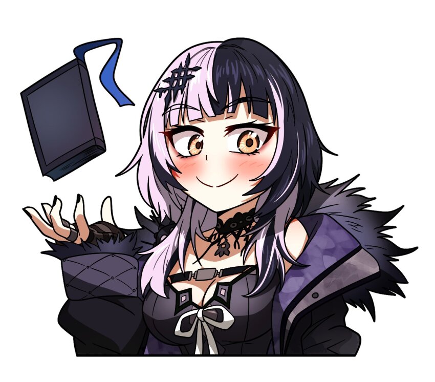 1girl black_dress black_hair black_jacket black_nails blush book ddolbang dress fur-trimmed_jacket fur_trim grey_hair highres hololive hololive_english jacket looking_at_viewer multicolored_hair shiori_novella shiori_novella_(1st_costume) simple_background smile solo split-color_hair two-tone_hair virtual_youtuber white_background yellow_eyes