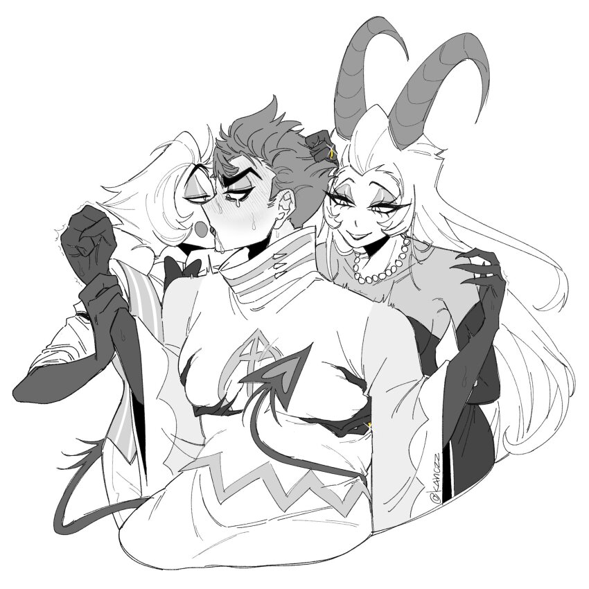 1girl 2boys adam_(hazbin_hotel) breasts couple demon demon_boy demon_girl demon_horns dress french_kiss hazbin_hotel highres horns husband_and_wife k4nczz kiss large_breasts lilith_(hazbin_hotel) long_hair lucifer_morningstar_(hazbin_hotel) multiple_boys very_long_hair