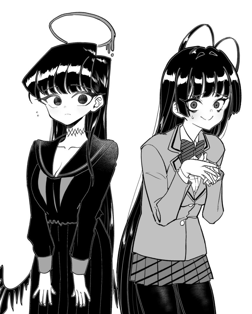 2girls antenna_hair blazer blue_archive bow bowtie breasts cleavage closed_mouth collarbone cosplay costume_switch diagonal-striped_clothes diagonal-striped_skirt flying_sweatdrops greyscale halo highres itan_private_high_school_uniform jacket komi-san_wa_komyushou_desu komi_shouko komi_shouko_(cosplay) large_breasts leng_wa_guo long_hair long_sleeves looking_at_viewer low_wings monochrome multiple_girls pantyhose pleated_skirt school_uniform skirt striped_clothes striped_skirt sweatdrop tsurugi_(blue_archive) tsurugi_(blue_archive)_(cosplay) very_long_hair wings
