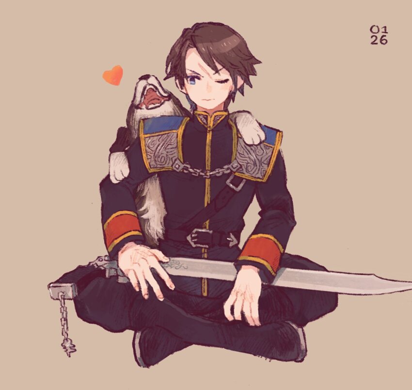 1boy 1girl angelo_(ff8) belt black_belt black_footwear black_jacket black_pants blue_eyes boots brown_background brown_hair dated dog epaulettes final_fantasy final_fantasy_viii full_body gold_trim gunblade heart highres indian_style jacket light_smile long_sleeves male_focus military_jacket military_uniform nobu_(25mark) one_eye_closed pants parted_bangs scar scar_on_face scar_on_forehead seed_uniform_(ff8) short_hair sitting squall_leonhart weapon weapon_on_lap
