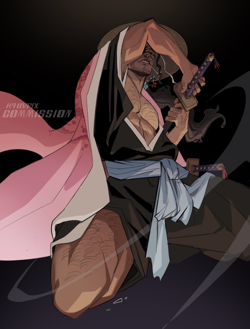 1boy ajirogasa artist_name bara bare_pectorals beard_stubble black_hair bleach chest_hair commentary commission english_commentary eyepatch facial_hair hat highres holding holding_sword holding_weapon japanese_clothes kauv_(k4uvpix) kimono kimono_on_shoulders kyouraku_shunsui leg_hair long_hair male_focus mature_male parted_lips pectorals pink_kimono ponytail print_kimono solo stubble sword thighs weapon