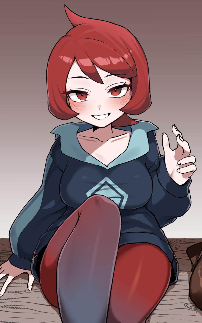 1girl absurdres arezu_(pokemon) arm_support bench blush breasts collarbone commentary cowlick eyelashes grin hahyaha hand_up happy highres jacket long_sleeves looking_at_viewer medium_hair nintendo pantyhose pokemon pokemon_legends:_arceus red_eyes red_hair sitting smile solo teeth