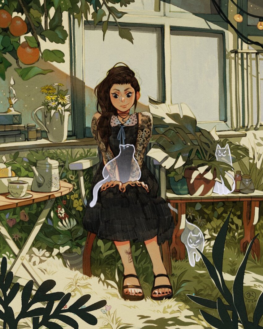 1girl amulet arm_tattoo artist_logo bench black_choker black_dress black_eyes black_nails book bowl brown_hair candle cat chair choker closed_mouth commentary cup dappled_sunlight dress english_commentary feet flower folding_table food fruit garden ghost grass hands_on_own_knees highres house jar leg_tattoo lemon light_smile logo long_hair looking_down nail_polish on_chair orange_(fruit) orange_hair orange_tree original outdoors pitcher_(container) plant polka_dot_collar potted_plant sandals simz sitting skull_tattoo slice_of_life solo string_of_light_bulbs sunlight table tattoo tattoo_sleeve teacup teapot toenails wooden_bench wooden_chair