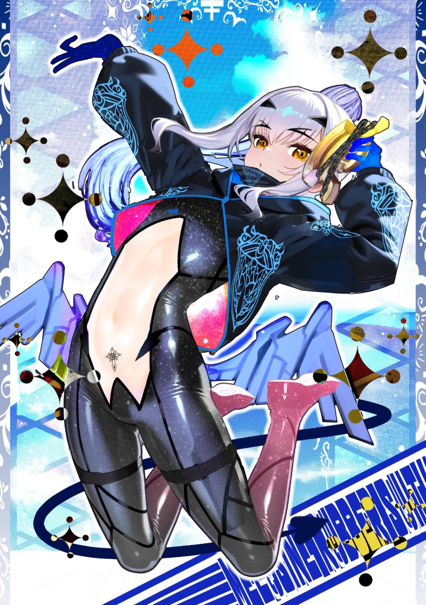 1girl blush bodysuit breasts center_opening clothing_cutout dragon_wings fate/grand_order fate_(series) forked_eyebrows highres kitsunebi44410 long_hair looking_at_viewer melusine_(fate) navel open_mouth revealing_clothes sidelocks small_breasts solo thighs very_long_hair white_hair wings yellow_eyes