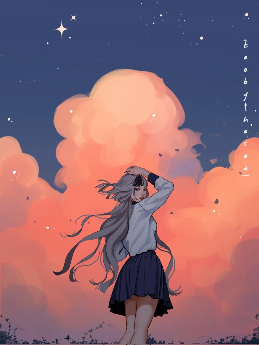 1girl arm_up artist_name asian black_streaks blue_skirt blue_trim bob_cut closed_mouth cloud cloudy_sky collared_shirt cumulonimbus_cloud evening falling_petals feet_out_of_frame floating_hair from_behind hand_on_own_head highres jellyfish_cut kira_(zeebythesea) light_particles long_hair looking_back original petals pleated_skirt red_eyes shirt single_hair_streak skirt sky standing star_(sky) thick_lips very_long_hair white_hair white_shirt wind zeebythesea