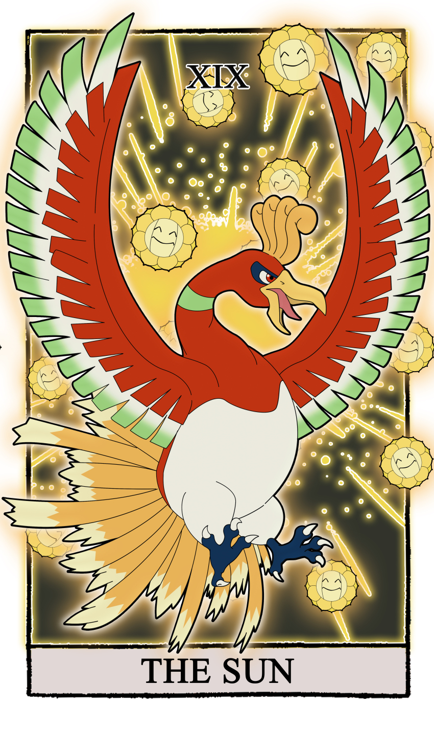 absurdres animal_focus bird border card_(medium) carrotzmoonman commentary english_commentary full_body gen_2_pokemon highres ho-oh legendary_pokemon nintendo no_humans open_mouth pokemon pokemon_(creature) red_eyes roman_numeral sunflora talons tarot tarot_(medium) the_sun_(tarot) white_border