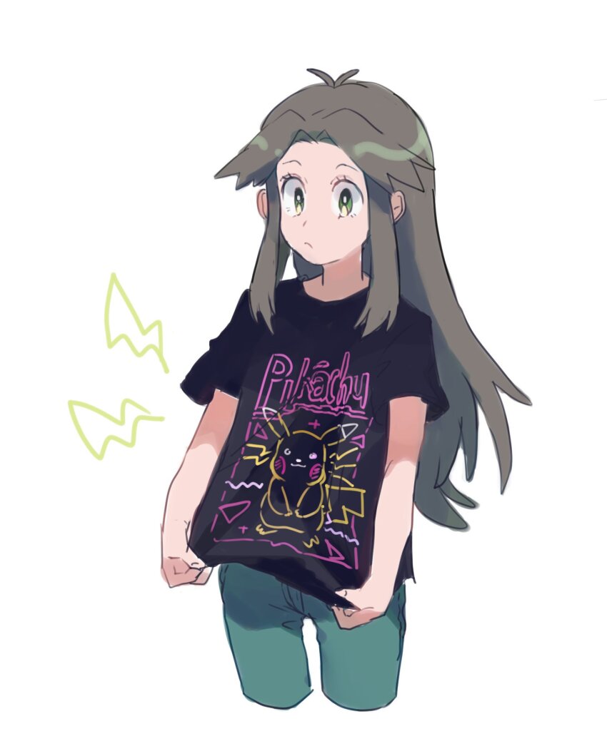 1girl antenna_hair aqua_pants black_shirt brown_hair closed_mouth clothes_pull cropped_legs frown gen_1_pokemon green_eyes hair_intakes highres leaf_(pokemon) long_hair nintendo pants pikachu pokemon pokemon_frlg pulling_own_clothes shichibee_(stm_mimi) shirt shirt_pull short_sleeves simple_background solo t-shirt white_background
