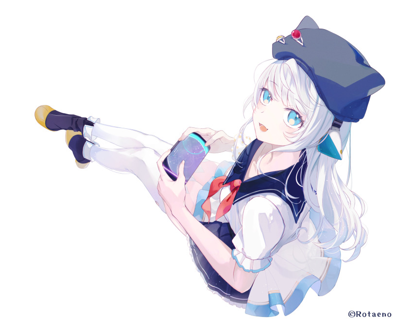 1girl ankle_boots beret black_boots black_hat blue_eyes blue_sailor_collar blue_skirt boots cellphone chinese_commentary commentary commentary_request copyright_name english_commentary from_above full_body hat highres holding holding_phone ilot_(rotaeno) long_hair looking_at_viewer mixed-language_commentary neckerchief open_mouth phone red_neckerchief rotaeno sailor_collar shirt short_sleeves skirt smartphone solo thighhighs white_background white_hair white_shirt white_skirt white_thighhighs yuizayomiya