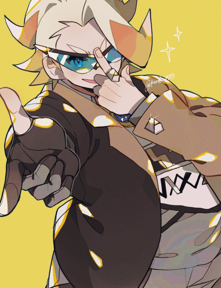 1boy black-framed_eyewear blue-tinted_eyewear blue_eyes brown_jacket collared_shirt dynamax_band game_freak gloves gordie_(pokemon) highres jacket jewelry kawasaki_(kwsk_8765) multicolored_hair necklace nintendo pokemon pokemon_swsh shirt short_hair single_glove solo sunglasses tinted_eyewear two-tone_hair
