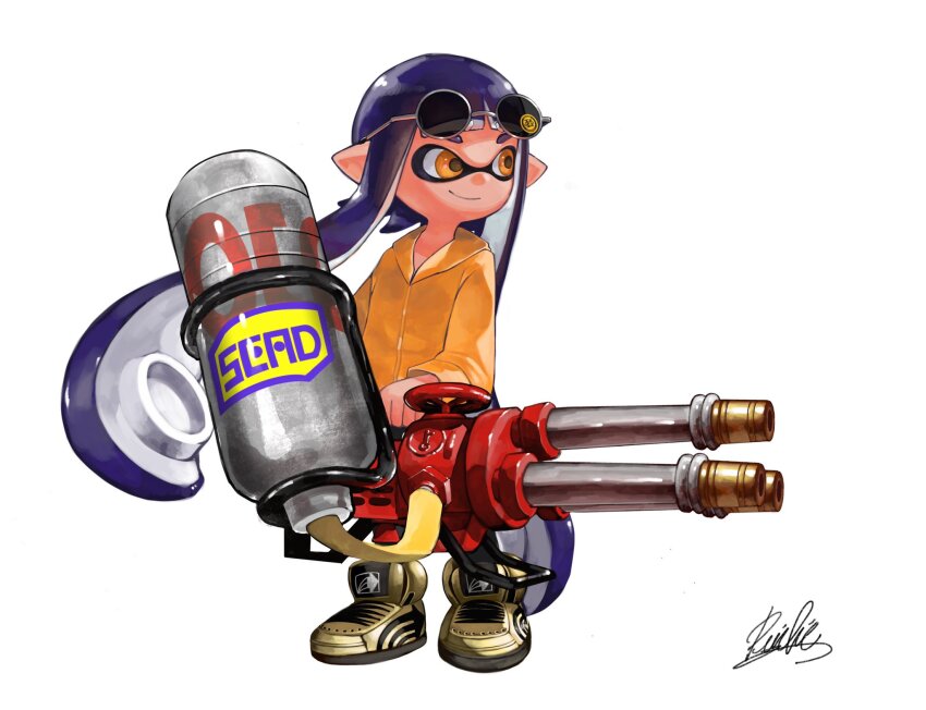 1girl black_pants closed_mouth commentary_request eyewear_on_head full_body grey-framed_eyewear high_tops highres holding holding_weapon hood hood_down hooded_jacket hydra_splatling_(splatoon) inkling inkling_girl inkling_player_character jacket long_hair long_sleeves looking_ahead mhxbump nintendo orange_eyes orange_jacket pants pointy_ears purple_hair shoes signature simple_background smile sneakers solo splatoon_(series) standing sunglasses tentacle_hair twintails weapon white_background yellow_shoes