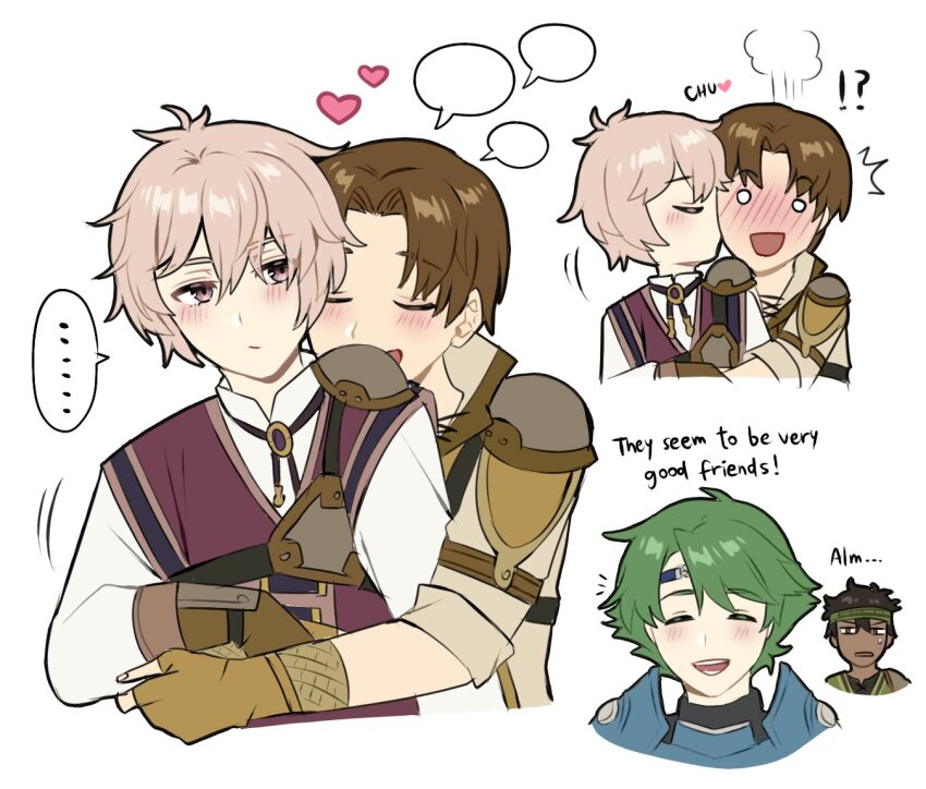 !? alm_(fire_emblem) black_hair blush brown_hair clueless dark-skinned_male dark_skin fire_emblem fire_emblem_echoes:_shadows_of_valentia gray_(fire_emblem) green_hair grey_hair heart hug hug_from_behind kiss kissing_cheek kliff_(fire_emblem) maji_(majibomber) nintendo speech_bubble tobin_(fire_emblem) yaoi