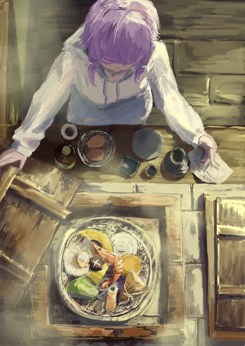 1girl aotaki_(litmus_kotonoha) cup drawstring fish_(food) food from_above highres hood hood_down hoodie hotpot meat mushroom plate purple_hair shiitake shrimp solo steam vocaloid voiceroid white_hoodie wooden_floor yuzuki_yukari