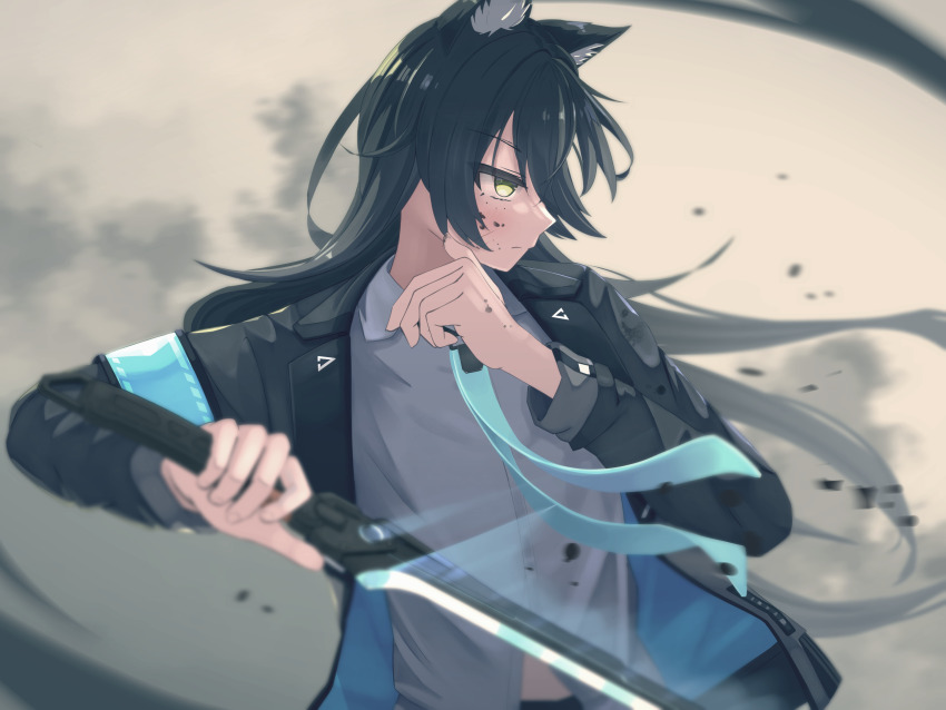 1boy absurdres animal_ear_fluff animal_ears black_hair black_jacket blood blood_on_face blue_necktie blurry cat_boy cat_ears closed_mouth collared_shirt debris dust_cloud grey_shirt highres holding holding_sword holding_weapon jacket long_hair long_sleeves looking_to_the_side necktie open_clothes open_jacket profile shirt smoke solo sword upper_body vrchat weapon white_shirt wolf_ears xelevia yellow_eyes