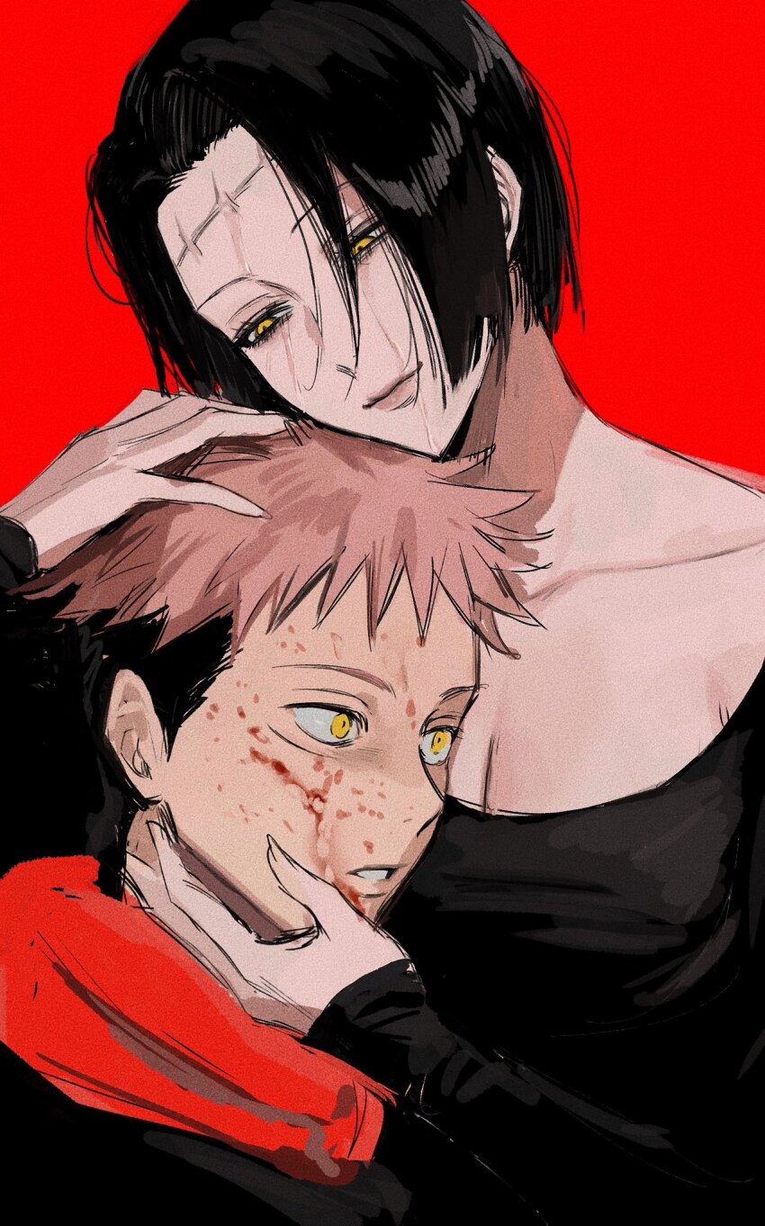 1boy 1girl alternate_eye_color black_hair black_shirt blank_stare blood blood_on_face breasts cleavage fallsoki fingernails half-closed_eyes hands_on_another&#039;s_head highres hood hood_down itadori_kaori itadori_yuuji jujutsu_kaisen kenjaku large_breasts long_fingernails long_sleeves looking_down mother_and_son multicolored_hair parted_lips pink_hair red_background red_hood scar scar_on_face scar_on_forehead scoop_neck shirt short_hair smile spiked_hair stitched_face stitches undercut yellow_eyes