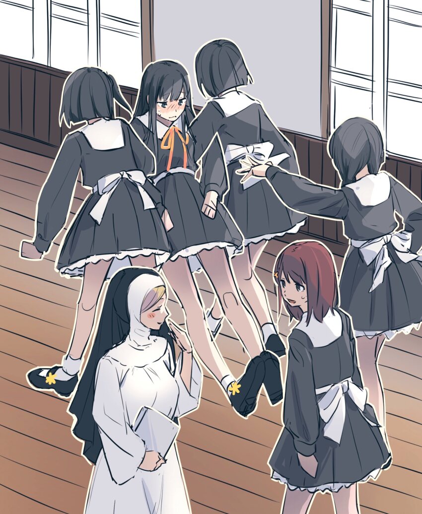 6+girls back_bow black_hair bow brown_hair dalia_basquiat double_arm_hug dragging facing_away flowers_(innocent_grey) girl_sandwich hallway hanabishi_rikka highres kousaka_mayuri long_hair long_sleeves looking_to_the_side mary_janes medium_hair multiple_girls neck_ribbon nun profile ribbon sandwiched sasaki_ichigo sasaki_ringo school_uniform shirahane_suou shishima_eichi shoes short_hair siblings sisters small_sweatdrop socks standing teacher_and_student twins walking wavy_mouth window yellow_ribbon