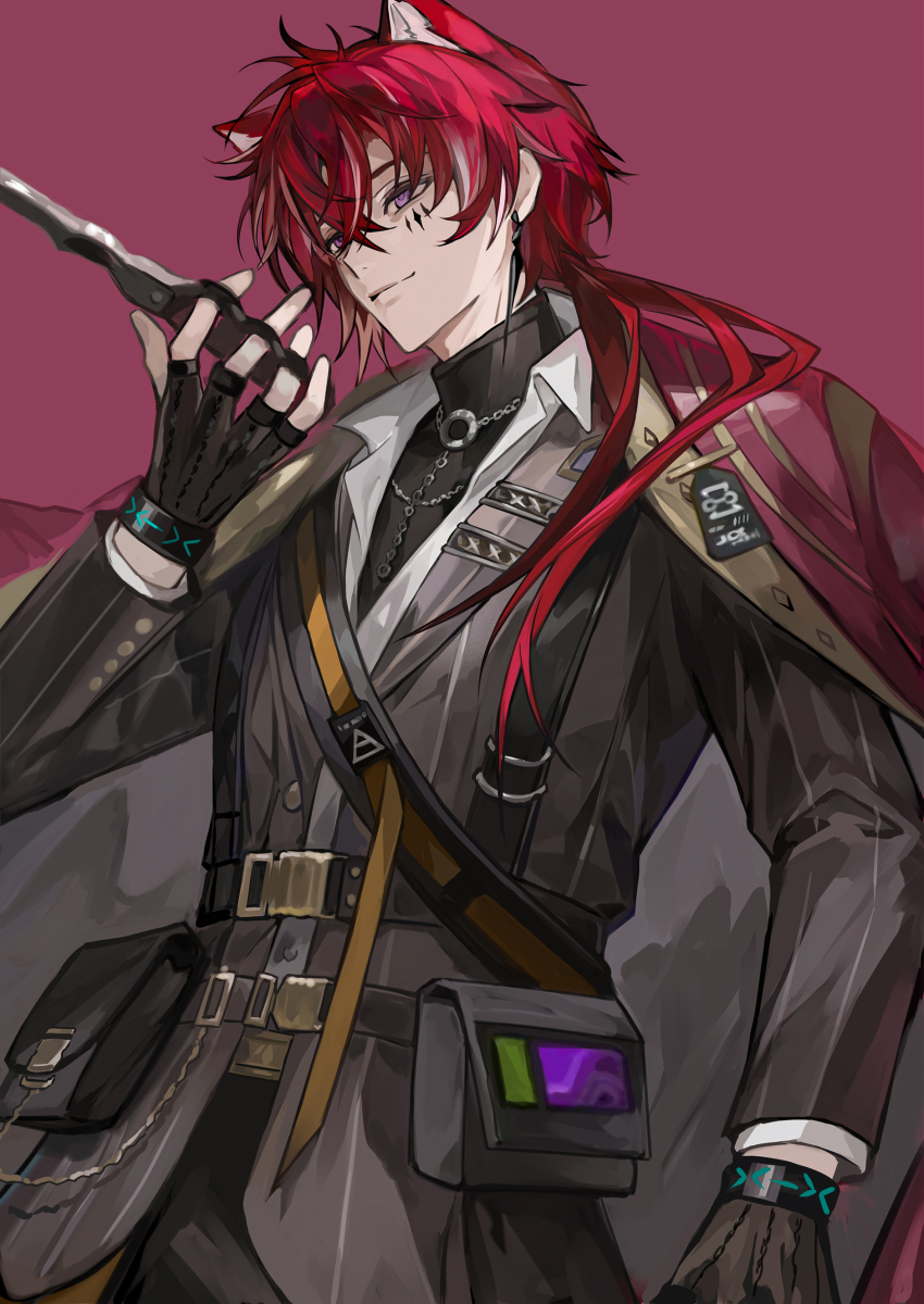 1boy absurdres animal_ears arknights black_gloves black_jacket cen_(acheng02806053) closed_mouth crossed_bangs demetri_certaldo_(arknights) diamond_facial_mark earrings facial_mark fingerless_gloves gloves hair_between_eyes hashtag-only_commentary highres holding holding_weapon infection_monitor_(arknights) jacket jewelry light_smile long_hair long_sleeves looking_ahead male_focus pink_background purple_eyes red_hair simple_background solo weapon