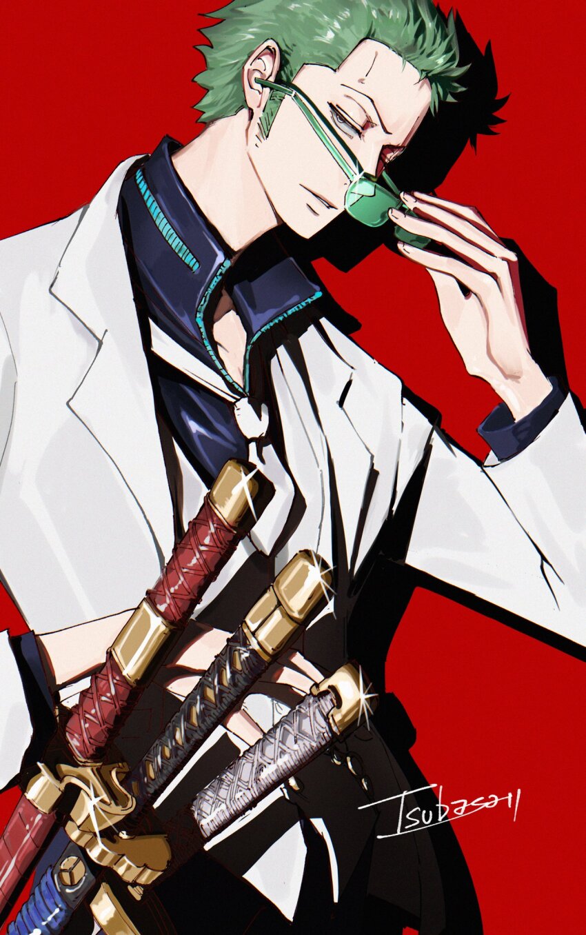 1boy artist_name blue_shirt commentary drop_shadow formal_clothes glint green-tinted_eyewear green_hair highres holding holding_removed_eyewear jacket katana long_sleeves looking_at_viewer necktie one_piece popped_collar red_background roronoa_zoro sheath sheathed shirt short_hair solo suit sunglasses sword symbol-only_commentary tinted_eyewear tsubasa_1chi unworn_eyewear upper_body weapon white_jacket white_necktie white_suit