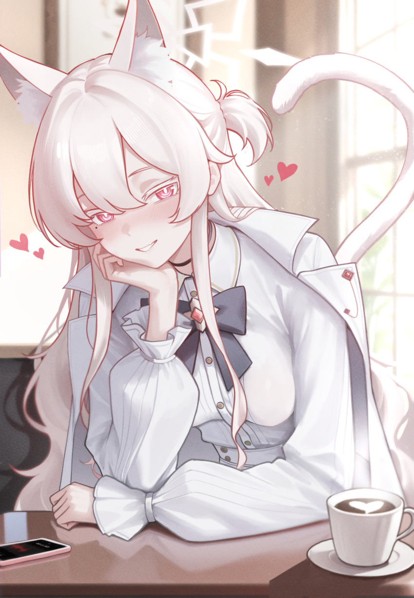 1girl akira_(blue_archive) animal_ear_fluff animal_ears black_bow black_bowtie blue_archive blush bow bowtie breasts cat_ears cat_girl cat_tail coat coat_on_shoulders colored_eyelashes commentary elbow_on_table extra_ears hair_between_eyes halo head_rest heart highres latte_art long_hair long_sleeves looking_at_viewer medium_breasts mellow_(srpp4843) mole mole_under_eye one_side_up pants phone pink_eyes puffy_long_sleeves puffy_sleeves shirt smile solo symbol-only_commentary tail white_coat white_eyelashes white_hair white_halo white_pants white_shirt
