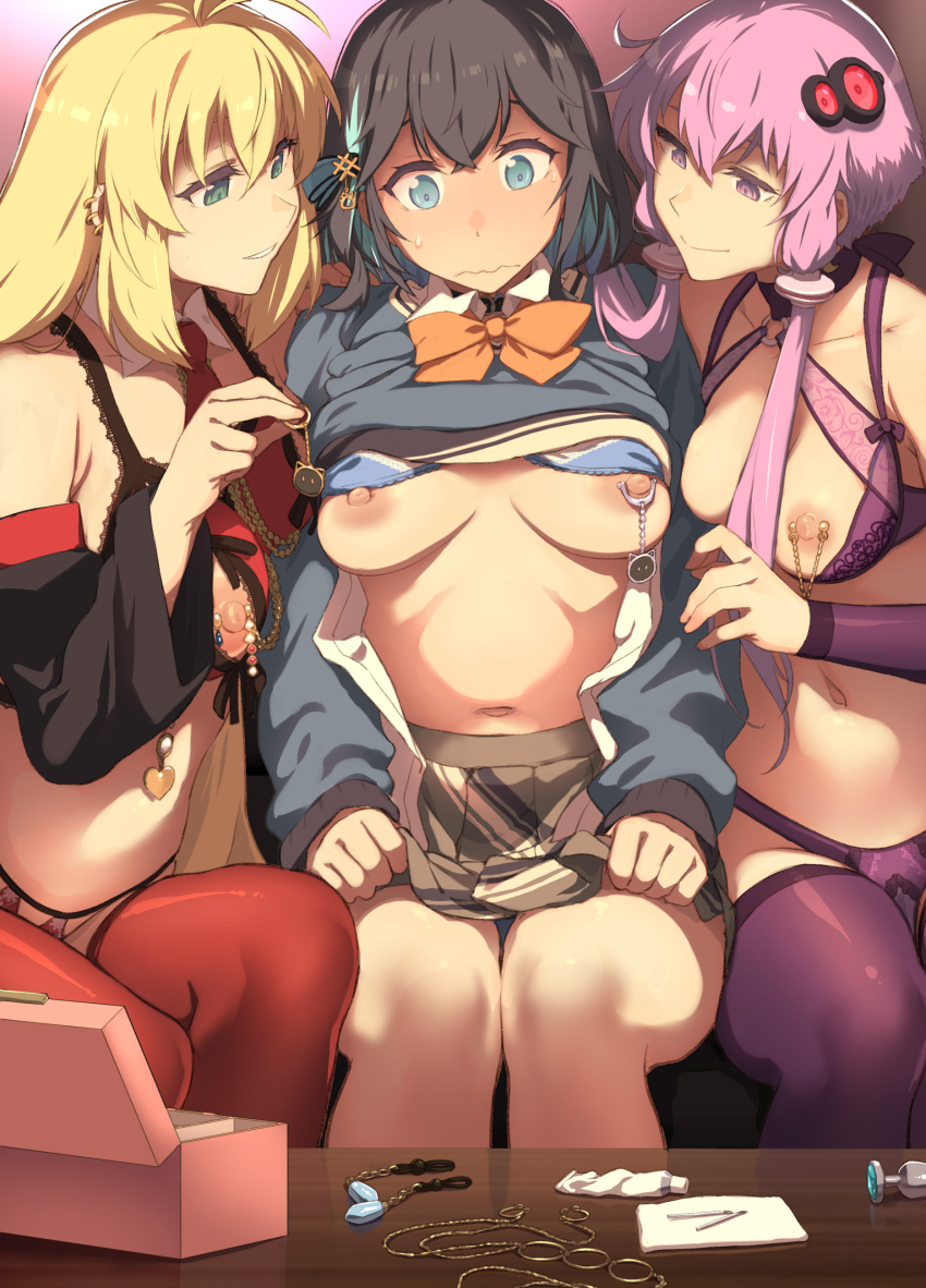 3girls absurdres black_hair black_sleeves blonde_hair blue_bra blue_eyes bra bra_lift breasts brown_skirt closed_mouth detached_collar detached_sleeves hair_ornament highres long_hair looking_at_another medium_breasts miyamai_moca multiple_girls navel nipple_piercing piercing pink_eyes pink_hair purple_thighhighs red_thighhighs sitting skirt smile takemura_sessyu thighhighs tsurumaki_maki underwear voiceroid wavy_mouth yuzuki_yukari