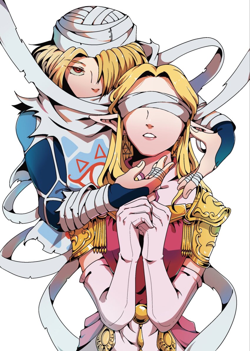 2girls arm_wrap armor blindfold blonde_hair dual_persona earrings elbow_gloves facing_viewer finger_wrap gloves hair_over_one_eye highres jewelry kurokurogama1 lipstick long_hair makeup mask multiple_girls nintendo parted_lips pauldrons pink_lips pointy_ears princess_zelda red_eyes sheik shoulder_armor the_legend_of_zelda the_legend_of_zelda:_ocarina_of_time turban upper_body white_background