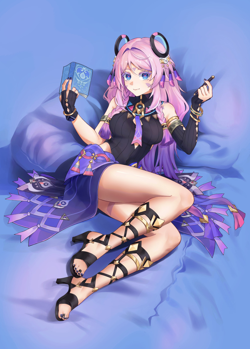 1girl absurdres asymmetrical_gloves bare_shoulders bed black_gloves black_leotard black_sandals blue_eyes book braid breasts citlali_(genshin_impact) closed_mouth colored_eyelashes commentary elbow_gloves facial_mark fingerless_gloves floating_headgear genshin_impact gladiator_sandals gloves hair_ornament headgear high_heel_sandals highres holding holding_book holding_pen knees_up leotard light_blush light_smile long_hair looking_at_viewer medium_breasts nail_polish necktie on_bed pen pillow pink_eyebrows pink_hair pink_pupils purple_nails purple_necktie purple_skirt ring_hair_ornament sandals single_elbow_glove skirt toenail_polish toenails togaririi triangle triangle_facial_mark twin_braids