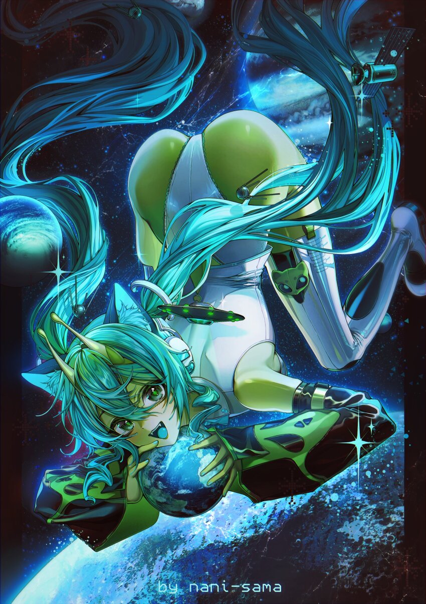 1girl :d alien alienposting_(meme) animal_ears antennae aqua_hair artist_name ass black_sleeves blue_tongue cat_ears colored_skin colored_tongue commentary detached_sleeves english_commentary fangs floating giant giantess glorpi_miku_(dyarikku) green_eyes green_skin green_sleeves hatsune_miku highres holding_planet leotard leotard_under_clothes long_hair looking_at_viewer meme naniwoou open_mouth outdoors pillarboxed planet shirt size_difference sleeveless sleeveless_shirt smile space teeth thighhighs tongue top-down_bottom-up twintails two-tone_sleeves ufo upper_teeth_only vocaloid white_leotard white_thighhighs