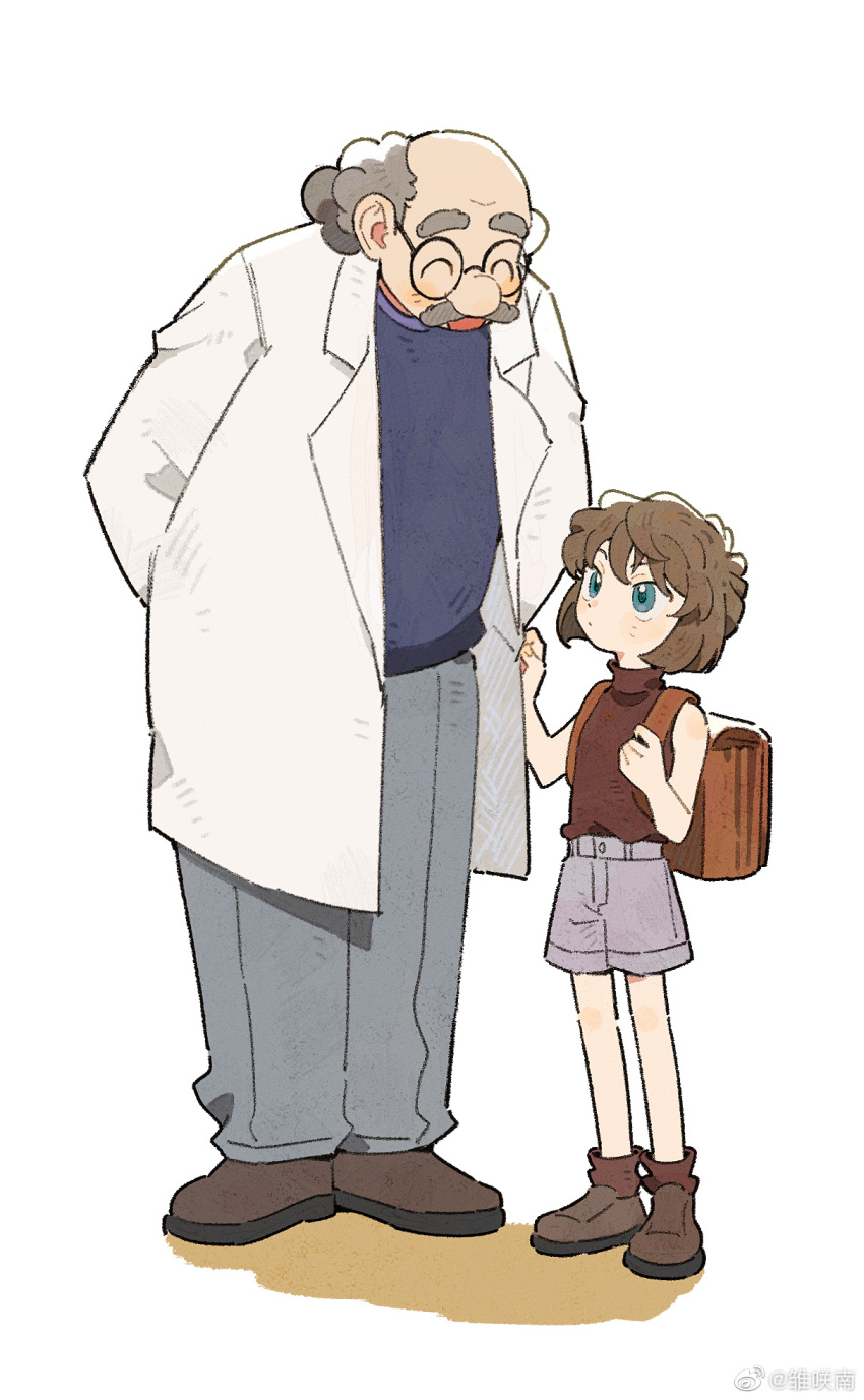 1boy 1girl agasa_hiroshi backpack bag bald blue_eyes brown_hair child clothes_tug facial_hair glasses grey_hair haibara_ai hair_between_eyes highres lab_coat long_sleeves meitantei_conan minamip mustache short_hair shorts smile