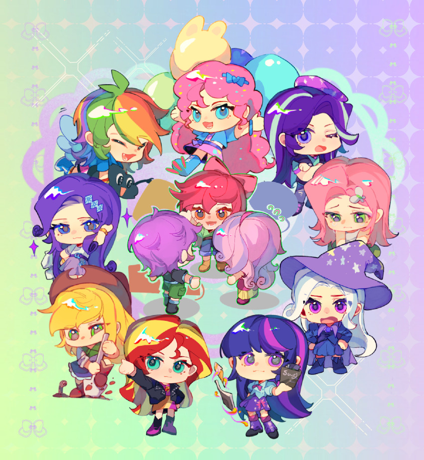 6+girls ahoge alternate_skin_color apple_bloom apple_bloom_(equestria_girls) applejack applejack_(equestria_girls) aqua_eyes balloon blonde_hair blue_eyes book bow butterfly_hair_ornament chibi chibi_only chinese_commentary closed_eyes commentary_request cowboy_hat curly_hair everyone fluttershy fluttershy_(equestria_girls) full_body green_eyes hair_bow hair_ornament hat highres holding jacket leather leather_jacket long_hair looking_down multicolored_hair multiple_girls my_little_pony my_little_pony:_equestria_girls my_little_pony:_friendship_is_magic nimingxiwang168 orange_eyes personification pink_hair pinkie_pie pinkie_pie_(equestria_girls) purple_eyes purple_hair rainbow_background rainbow_dash rainbow_dash_(equestria_girls) rainbow_hair rarity_(equestria_girls) rarity_(my_little_pony) red_hair scootaloo scootaloo_(equestria_girls) short_hair skirt standing starlight_glimmer starlight_glimmer_(equestria_girls) streaked_hair sunset_shimmer sunset_shimmer_(human) sweetie_belle sweetie_belle_(equestria_girls) trixie_lulamoon trixie_lulamoon_(equestria_girls) twilight_sparkle twilight_sparkle_(human) two-tone_hair very_long_hair white_hair wings wizard_hat