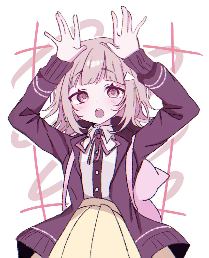 1girl :o alternate_hair_ornament arms_up black_shirt blush brown_skirt collared_shirt cowboy_shot danganronpa_(series) danganronpa_2:_goodbye_despair hair_ornament highres jacket medium_hair nanami_chiaki neck_ribbon open_clothes open_jacket pink_eyes pink_ribbon pleated_skirt red_jacket ribbon ringo_ame_no_ria shirt skirt solo teeth triangle_hair_ornament two-tone_shirt upper_teeth_only white_background