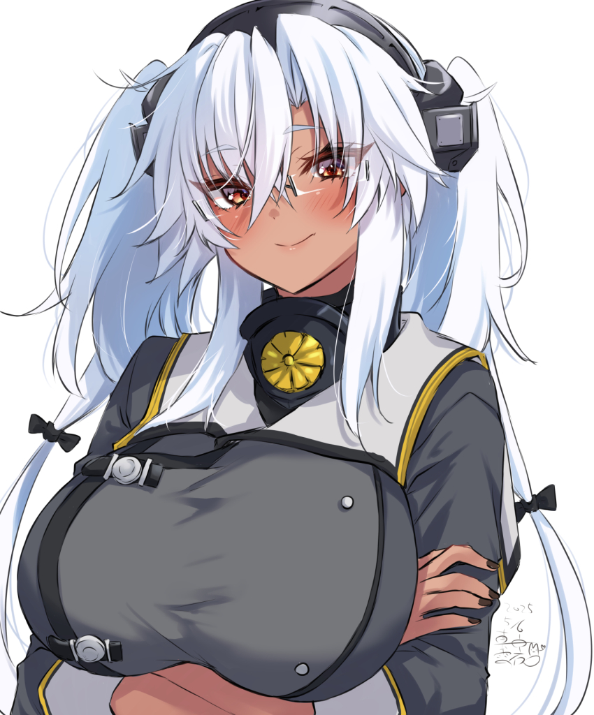 1girl black_nails blush breasts brown_eyes crossed_arms dark-skinned_female dark_skin dated glasses grey_hair hair_between_eyes headgear highres kantai_collection large_breasts long_hair looking_at_viewer mashiro_yukiya musashi_(kancolle) musashi_kai_ni_(kancolle) pointy_hair rectangular_eyewear rimless_eyewear semi-rimless_eyewear signature smile solo twintails upper_body very_long_hair white_background white_hair