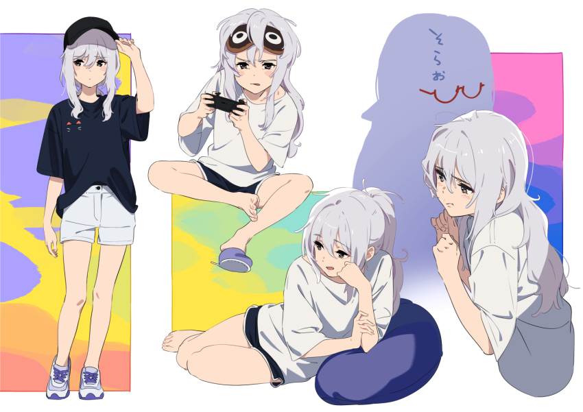 :p blush character_name controller eyepatch faceless faceless_female feet glasses hand_on_headwear hand_on_own_cheek hand_on_own_face hat kamikoshi_sorawo kamo_kamen kozakura_(urasekai_picnic) looking_away lying pillow playing_games ponytail shoes sitting sneakers solo standing tongue tongue_out unworn_eyepatch urasekai_picnic white_hair