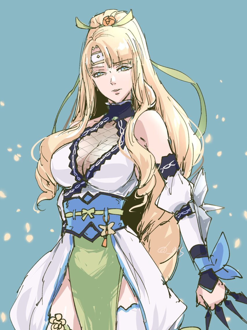 1girl alternate_costume blonde_hair breasts cleavage cowboy_shot eve_(fire_emblem_engage) fire_emblem fire_emblem_engage fire_emblem_heroes fishnets flower forehead_protector green_eyes highres japanese_clothes kimono kunai large_breasts long_hair looking_at_viewer mature_female monochrome_background ninja nintendo pelvic_curtain ponytail short_kimono sketch solo thighhighs thighs umi_(_oneinchswing) weapon