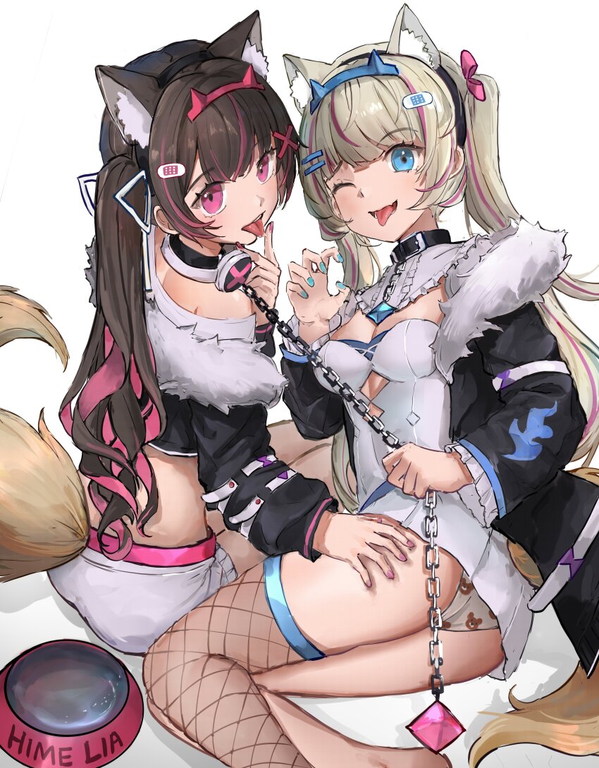 2girls ;p absurdres animal_ears black_jacket blonde_hair blue_eyes blue_nails bowl breasts brown_hair cawfy cosplay fake_animal_ears feet_out_of_frame fur_trim fuwawa_abyssgard fuwawa_abyssgard_(1st_costume) fuwawa_abyssgard_(cosplay) hand_on_another&#039;s_thigh headphones headphones_around_neck highres himemiya_rie hololive hololive_english jacket leash leash_pull long_hair medium_breasts mococo_abyssgard mococo_abyssgard_(1st_costume) mococo_abyssgard_(cosplay) multicolored_hair multiple_girls one_eye_closed panties pantyshot pet_bowl phase_connect pink_eyes pink_hair pink_nails rinkou_ashelia shirt single_fishnet_legwear streaked_hair tongue tongue_out twintails underwear virtual_youtuber white_shirt