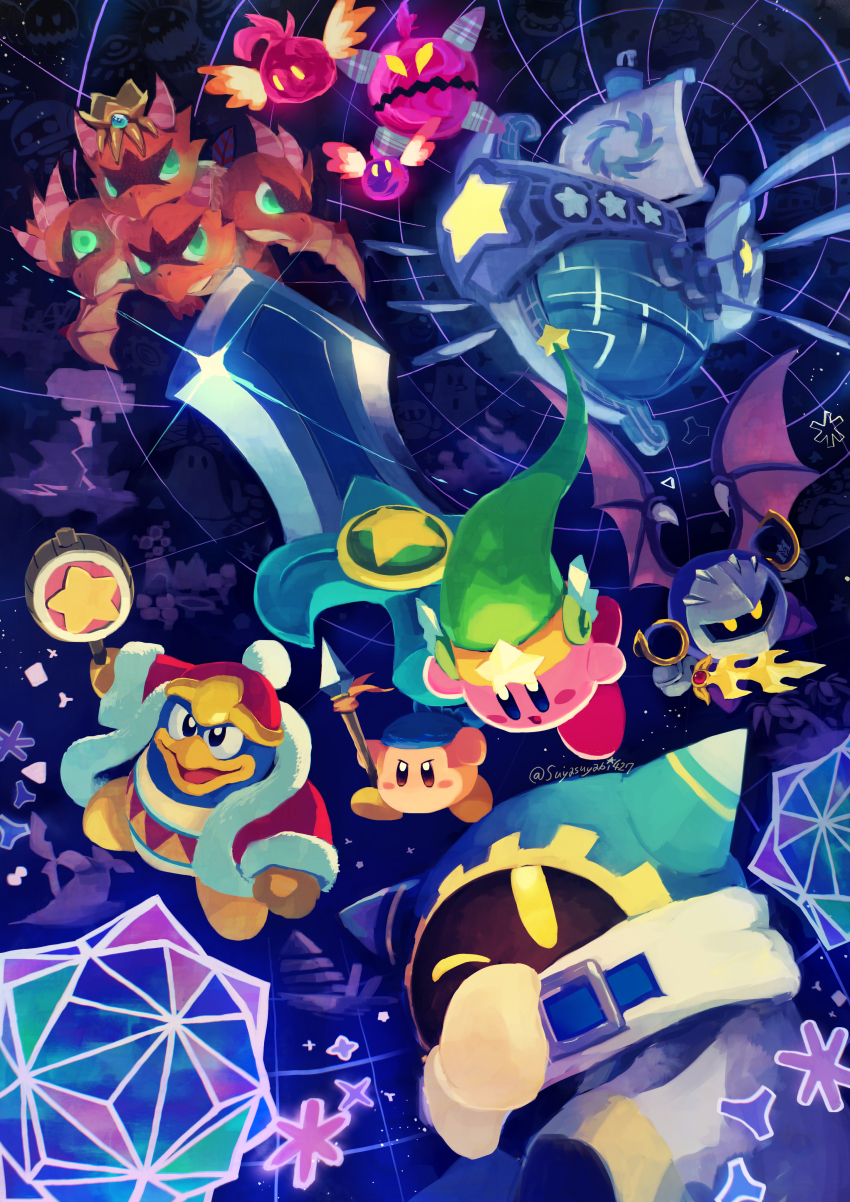 absurdres aircraft airship bandana bandana_waddle_dee doomer_(kirby) dragon extra_faces galaxia_(sword) glowing glowing_eyes grand_doomer green_headwear hammer hat highres king_dedede kirby kirby&#039;s_return_to_dream_land kirby_(series) landia lor_starcutter magolor mask meta_knight nintendo polearm rayman_limbs spear sphere_doomer suyasuyabi sword sword_kirby ultra_sword_kirby weapon wings