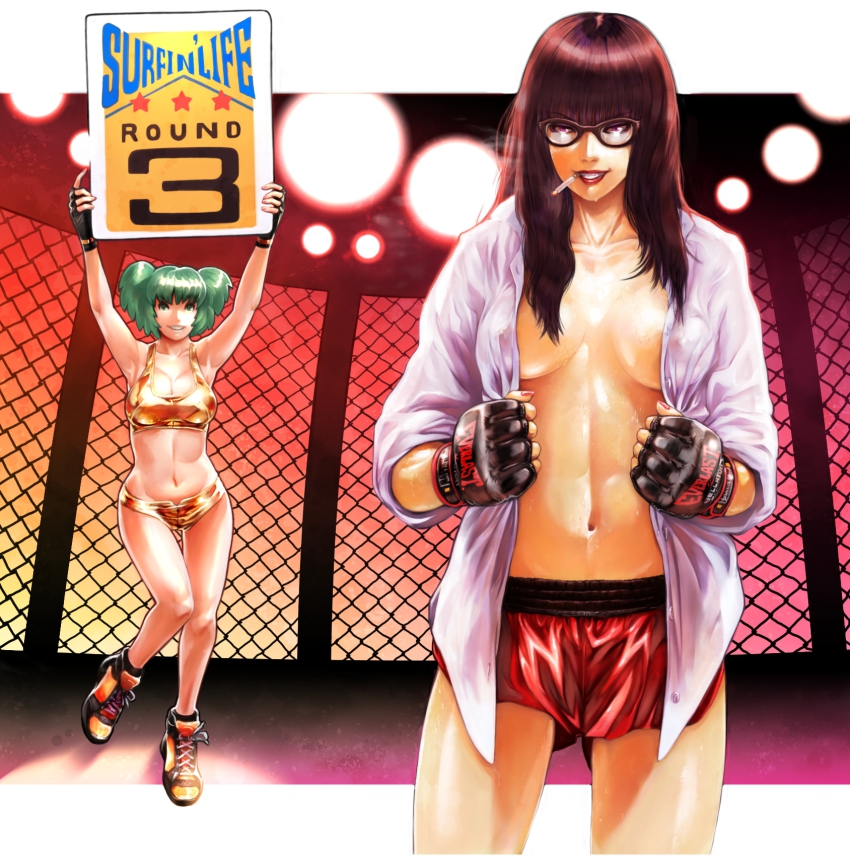 2girls bikini boxer boxing_gloves breasts brown_hair chain-link_fence cigarette cleavage fence fingerless_gloves glasses gloves green_eyes green_hair grin highres holding holding_sign lipstick long_hair makeup medium_breasts multiple_girls navel no_bra open_clothes open_shirt original purple_eyes round_girl shirt shoes shorts sign smile smoking sneakers sweat swimsuit twintails vigwer